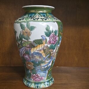 Colorful Ceramic Vase with Floral and Bird Design